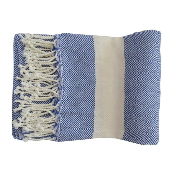 Niebieski ręcznik tkany ręcznie z wysokiej jakości bawełny Hammam Lidya, 100x180 cm