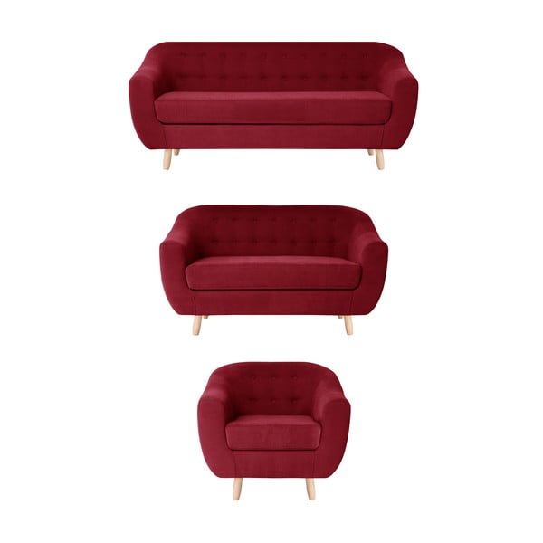 Czerwony zestaw fotela i 2 sof dwuosobowej i trzyosobowej Jalouse Maison Vicky