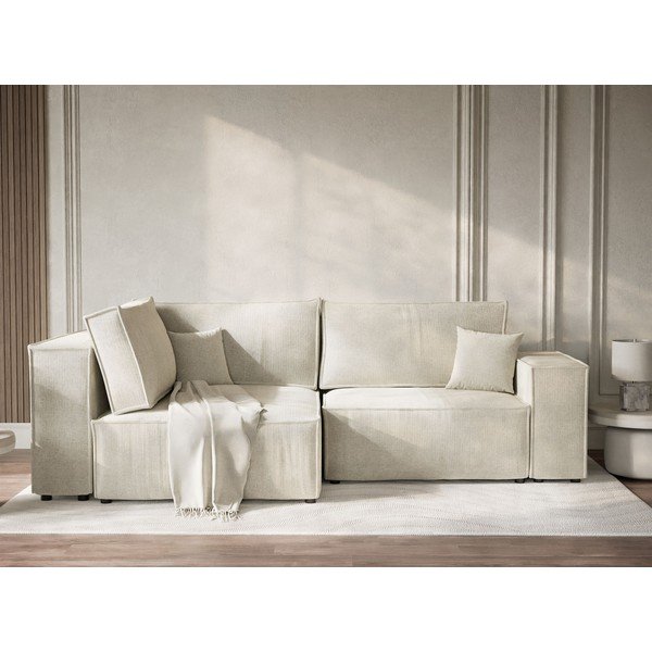 Kremowy rozkładany/ze schowkiem narożnik z tkaniny szenilowej (lewostronny/w kształcie litery L) Tonga – Maison de Rêve-image-1