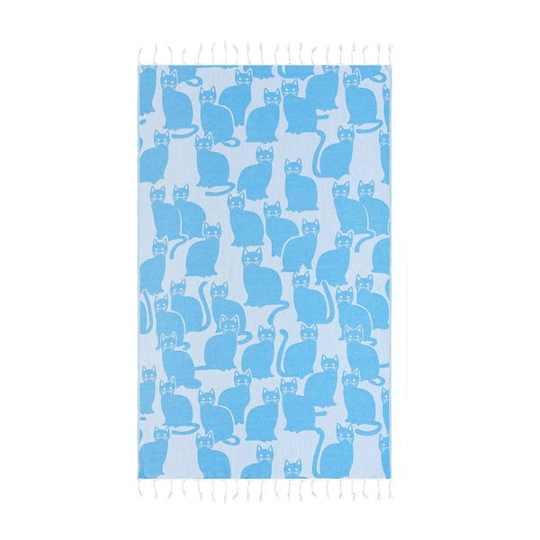 Niebieski ręcznik hammam Begonville Meowee, 180x95 cm