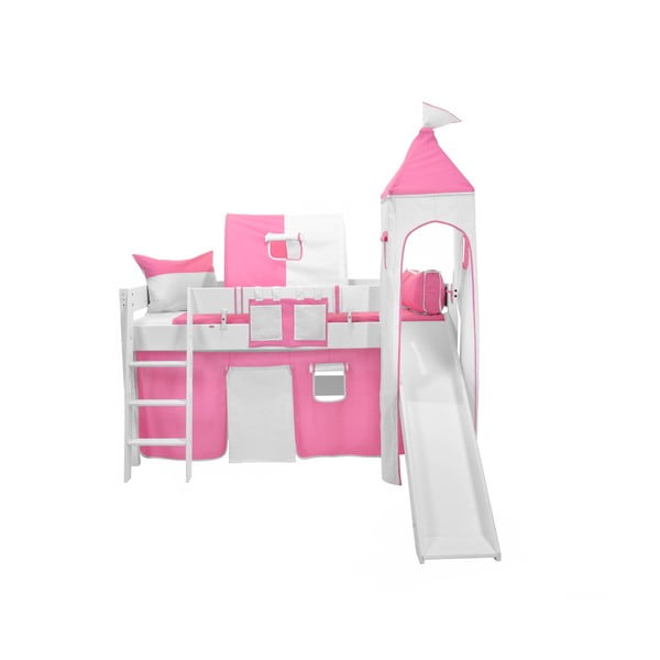 Białe dziecięce łóżko piętrowe ze zjeżdżalnią i różowo-białym zamkiem z bawełny Mobi furniture Luk, 200x90 cm