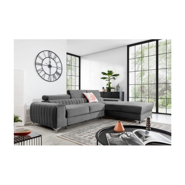 Szary aksamitny rozkładany/ze schowkiem narożnik (prawostronny/z szezlongiem) Grayson – ELTAP-image-1