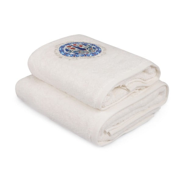 Komplet białego ręcznika i białego ręcznika kąpielowego z kolorowym detalem Bleuet