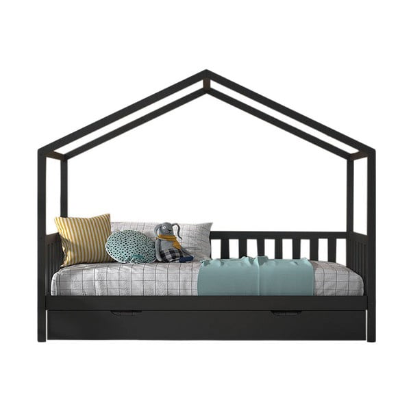 Antracytowe łóżko dziecięce z litego drewna sosnowego w kształcie domku z wysuwanym łóżkiem ze schowkiem 90x200 cm DALLAS – Vipack
