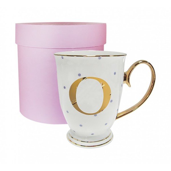 Kubek z literką O w liliowe groszki