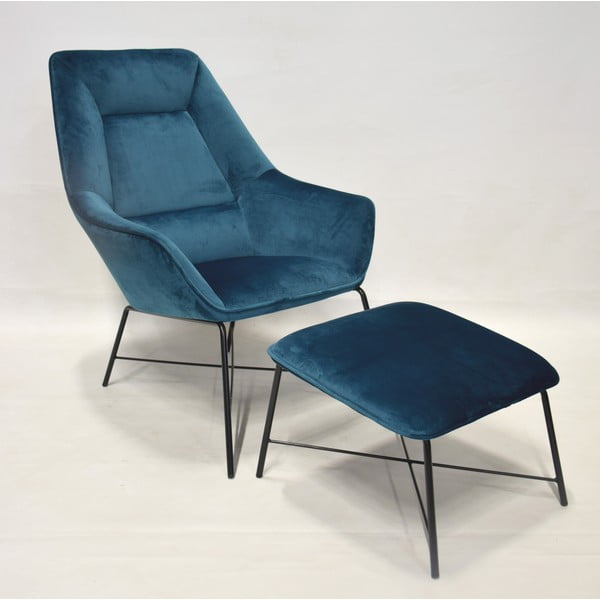 Niebieski aksamitny fotel z podnóżkiem RGE Adele