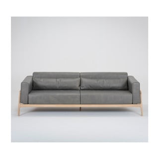Ciemnoszara sofa z bawolej skóry z konstrukcją z litego drewna dębowego Gazzda Fawn, 240 cm