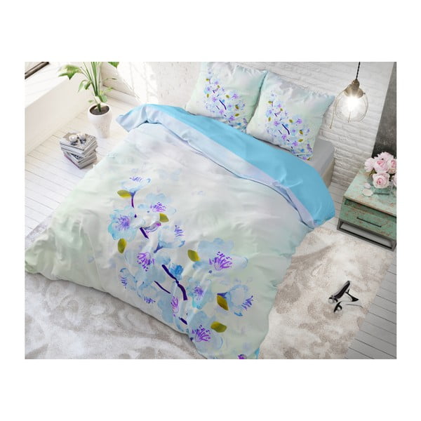 Niebieska bawełniana pościel jednoosobowa Sleeptime Sweet Flowers, 140x220 cm
