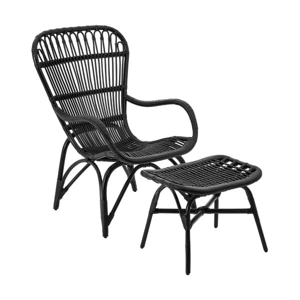 Czarne krzesło wypoczynkowe z rattanu z podnóżkiem Premier Housewares Havana