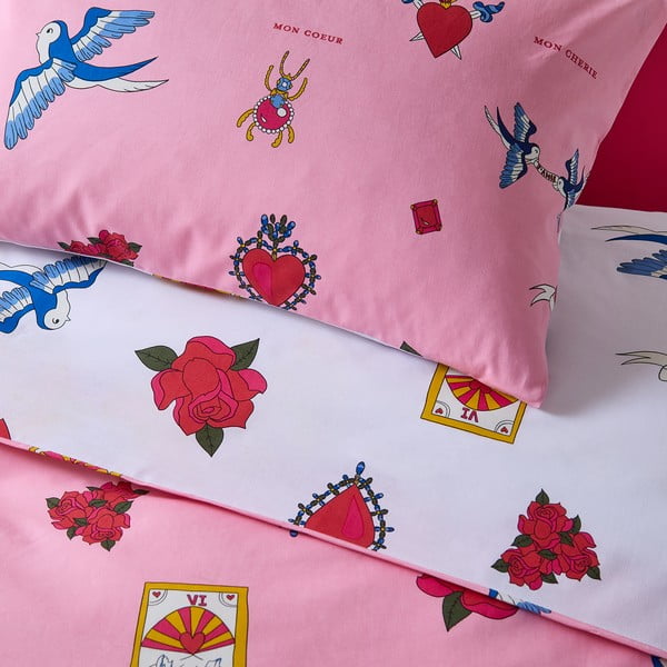 Biało-różowa bawełniana pościel jednoosobowa 135x200 cm Mon Coeur – Their Nibs-image-4