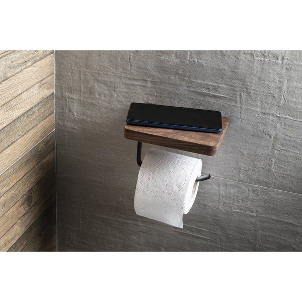 Brązowy drewniany uchwyt ścienny na papier toaletowy z półką – Sapho-image-2
