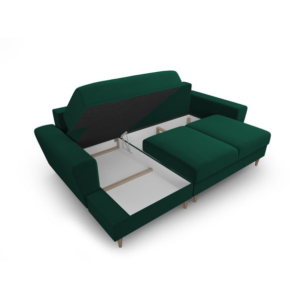 Zielony aksamitny rozkładany narożnik ze schowkiem (lewostronny/z szezlongiem) Kyoto – Cosmopolitan Design-image-3