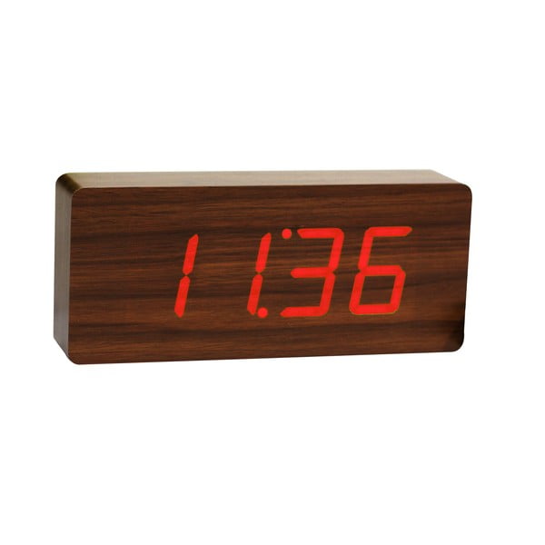 Ciemnobrązowy budzik z czerwonym wyświetlaczem LED Gingko Slab Click Clock