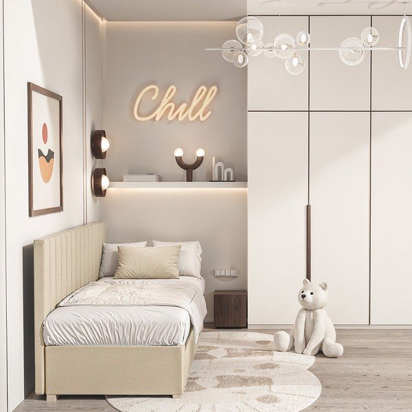 Beżowe łóżko dziecięce ze schowkiem i materacem 90x200 cm Chill – Ghado-image-1