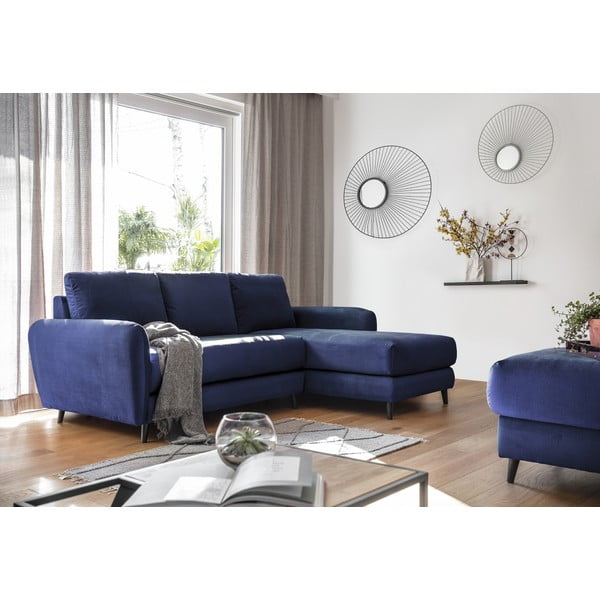 Granatowy aksamitny narożnik z podnóżkiem Miuform Cosy Claire, prawostronny-image-4