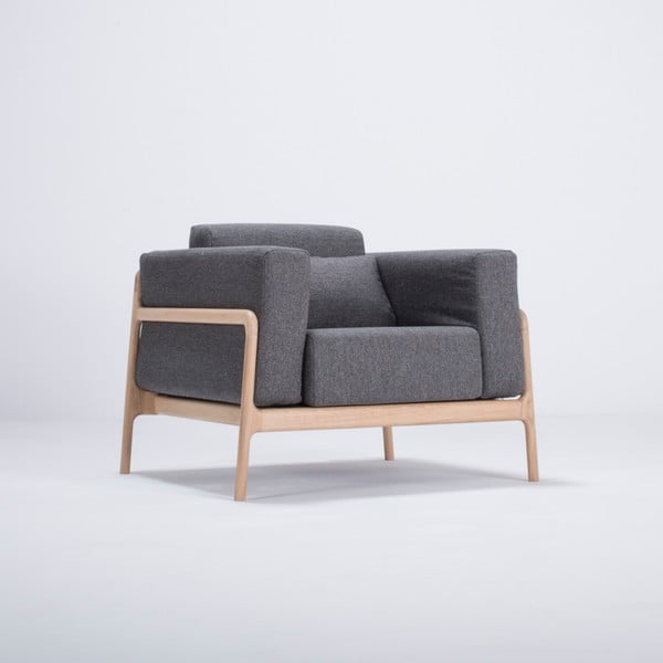 Fotel z konstrukcją z drewna dębowego z ciemnoszarą tekstylną poduszką Gazzda Fawn