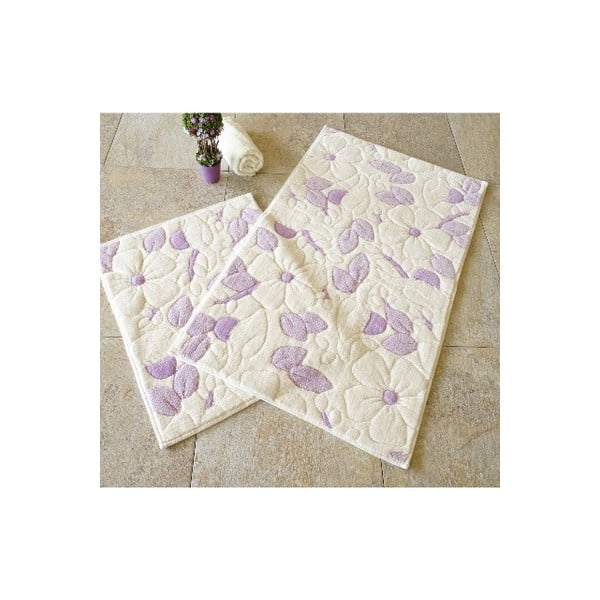 Komplet 2 beżowo-fioletowych bawełnianych dywaników łazienkowych Hukumi Razmo