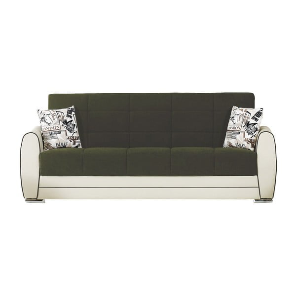 Ciemnozielono-kremowa trzyosobowa sofa rozkładana ze schowkiem Esidra Rest