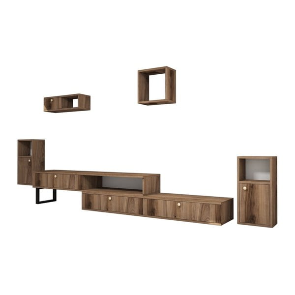 Komplet szafki pod TV i 4 półek z dekorem drewna orzechowego Ratto Lux