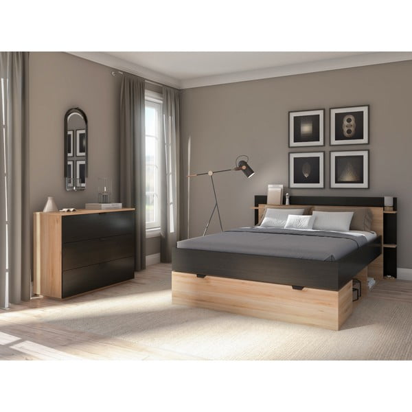 Czarno-naturalna komoda w dekorze dębu 100x80x40 cm Dennis – Marckeric-image-1