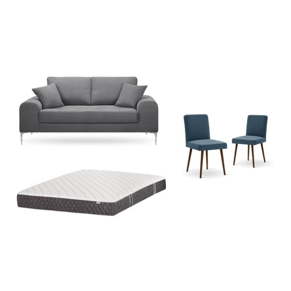 Zestaw 2-osobowej szarej sofy, 2 niebieskich krzeseł i materaca 140x200 cm Home Essentials