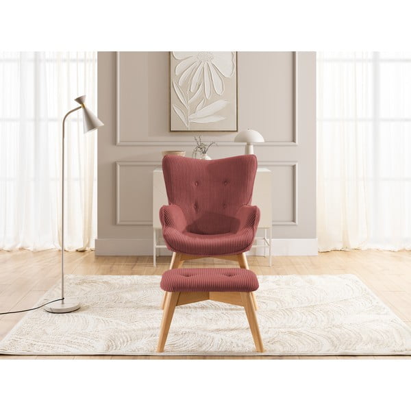 Czerwony sztruksowy fotel z podnóżkiem Niko – Ropez-image-1
