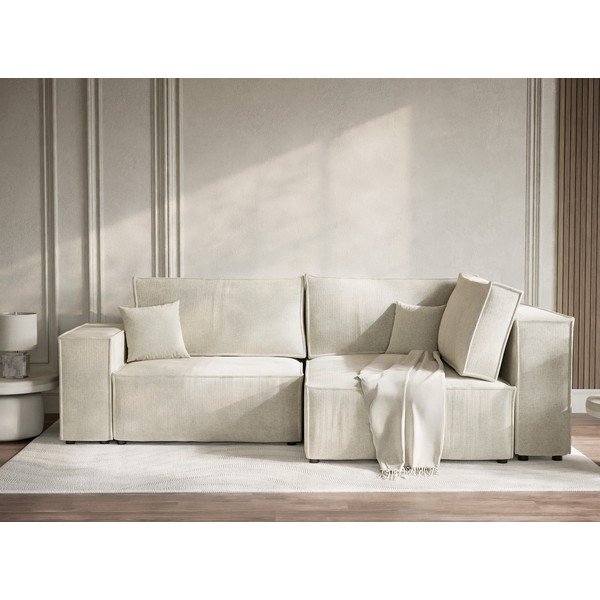 Kremowy rozkładany/ze schowkiem narożnik z tkaniny szenilowej (prawostronny/w kształcie litery L) Tonga – Maison de Rêve-image-1