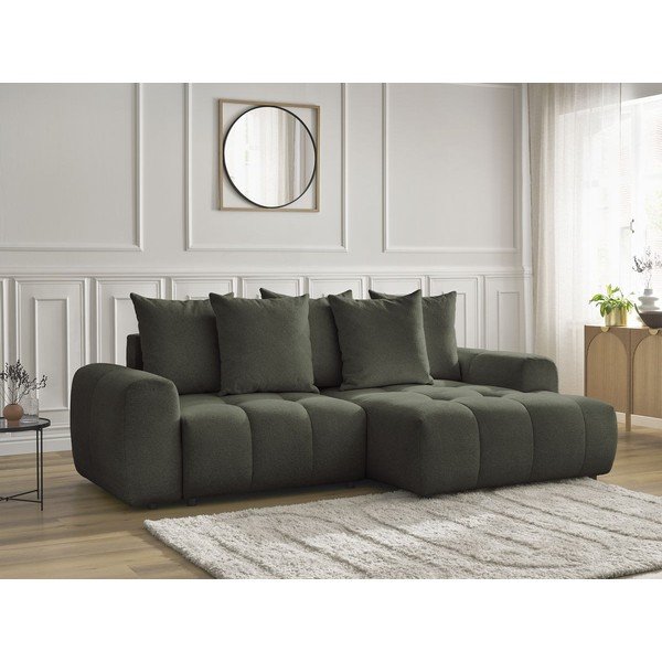 Rozkładany narożnik z tkaniny szenilowej ze schowkiem (prawostronny/z szezlongiem) w kolorze khaki Roxelane – Bobochic Paris-image-4