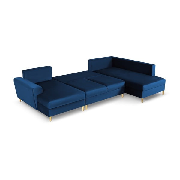 Niebieski aksamitny rozkładany narożnik ze schowkiem (prawostronny/w kształcie litery U) Kyoto – Cosmopolitan Design-image-2