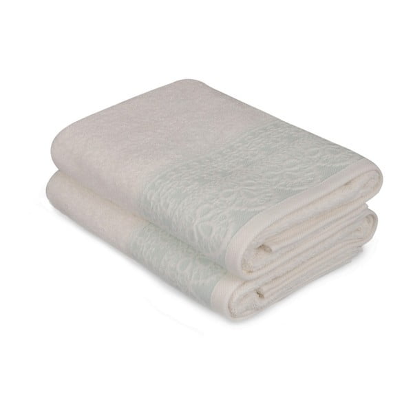 Zestaw dwóch białych ręczników z niebieskim detalem Romantica, 90x50 cm