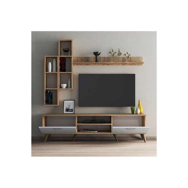 Biały zestaw pod TV w dekorze sosny 180x48 cm Veronica – Kalune Design-image-3