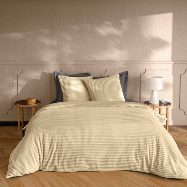 Beżowa flanelowa pościel dwuosobowa 3-częściowa 240x220 cm Veloutea – douceur d'intérieur-image-1