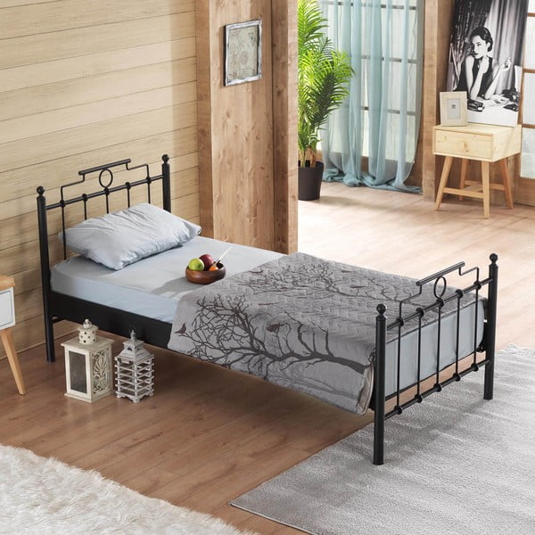 Czarne metalowe łóżko jednoosobowe ze stelażem 90x200 cm Hatkus – Kalune Design-image-3