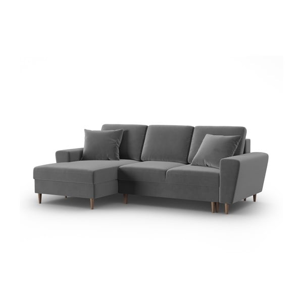 Jasnoszary aksamitny rozkładany narożnik ze schowkiem (lewostronny/z szezlongiem) Kyoto – Cosmopolitan Design-image-4