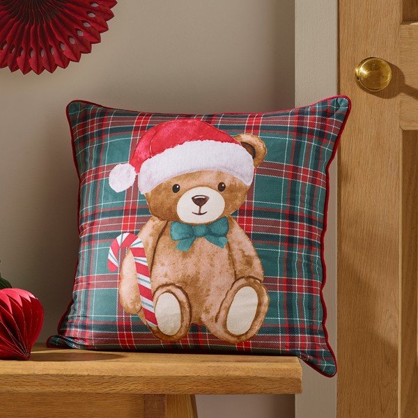 Poduszka dekoracyjna ze świątecznym motywem 45x45 cm Christmas Tartan Teddy Bear – Catherine Lansfield-image-1