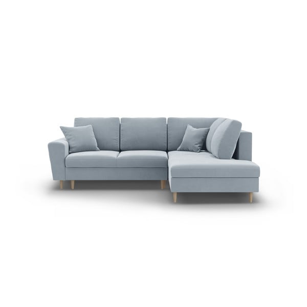 Jasnoniebieski aksamitny rozkładany narożnik ze schowkiem (prawostronny/w kształcie litery L) Kyoto – Cosmopolitan Design