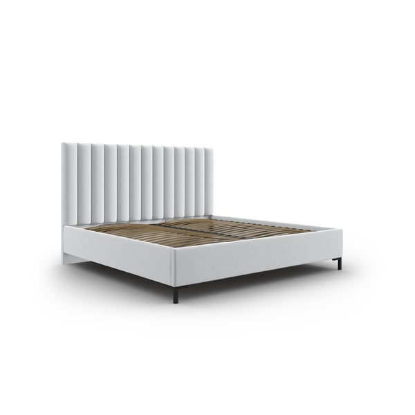Jasnoszare tapicerowane łóżko dwuosobowe ze schowkiem i stelażem 140x200 cm Casey – Mazzini Beds