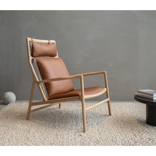 Fotel z konstrukcją z litego drewna dębowego i karmelowym siedziskiem z bawolej skóry Gazzda Dedo-image-2