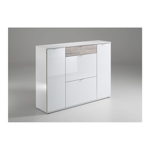 Biała szafka o wysokim połysku z bukowym dekorem Shine3