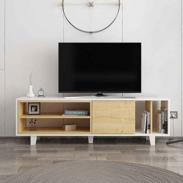 Biała szafka pod TV w dekorze dębu 160x49 cm Rosmar – Kalune Design-image-2
