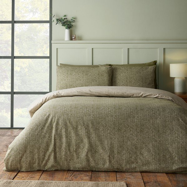 Zielona flanelowa pościel jednoosobowa 135x200 cm Brushed Herringbone – Catherine Lansfield