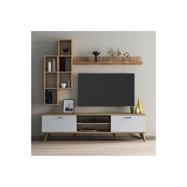 Biały zestaw pod TV w dekorze sosny 180x48 cm Veronica – Kalune Design-image-2