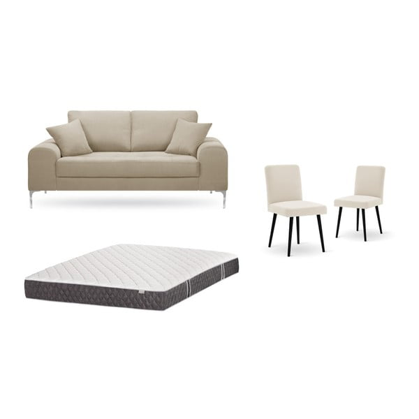 Zestaw 2-osobowej szarobeżowej sofy, 2 kremowych krzeseł i materaca 140x200 cm Home Essentials