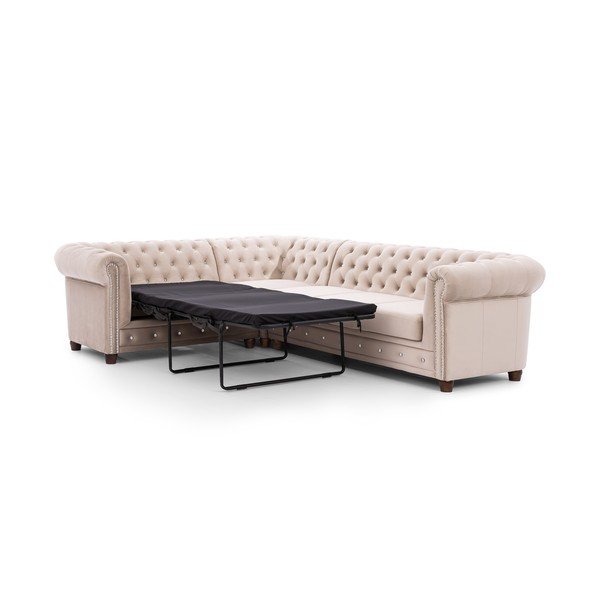 Beżowy aksamitny rozkładany narożnik (lewostronny/w kształcie litery L) York Blik – Ropez-image-2