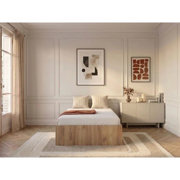 Łóżko jednoosobowe z płyty wiórowej ze schowkiem/bez zagłówka ze stelażem 90x190 cm w jasnym naturalnym kolorze Nira – Bobochic Paris-image-1
