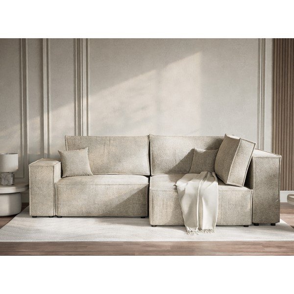 Beżowy rozkładany/ze schowkiem narożnik z tkaniny szenilowej (prawostronny/w kształcie litery L) Tonga – Maison de Rêve-image-1