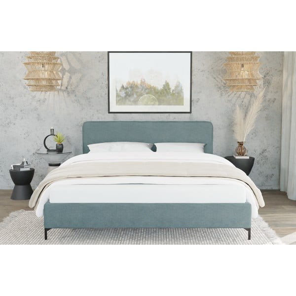 Jasnoniebieskie tapicerowane łóżko dwuosobowe ze stelażem 180x200 cm Barker – Ropez-image-3