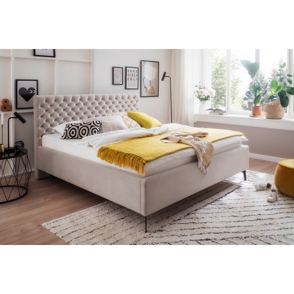 Białe/kremowe tapicerowane łóżko dwuosobowe ze schowkiem ze stelażem 180x200 cm La Maison – Meise Möbel-image-1