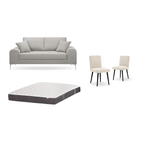 Zestaw 2-osobowej jasnoszarej sofy, 2 kremowych krzeseł i materaca 140x200 cm Home Essentials