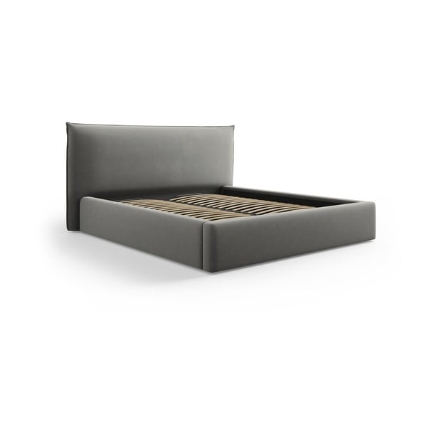 Szare tapicerowane łóżko dwuosobowe ze schowkiem i stelażem 140x200 cm Elio – Milo Casa